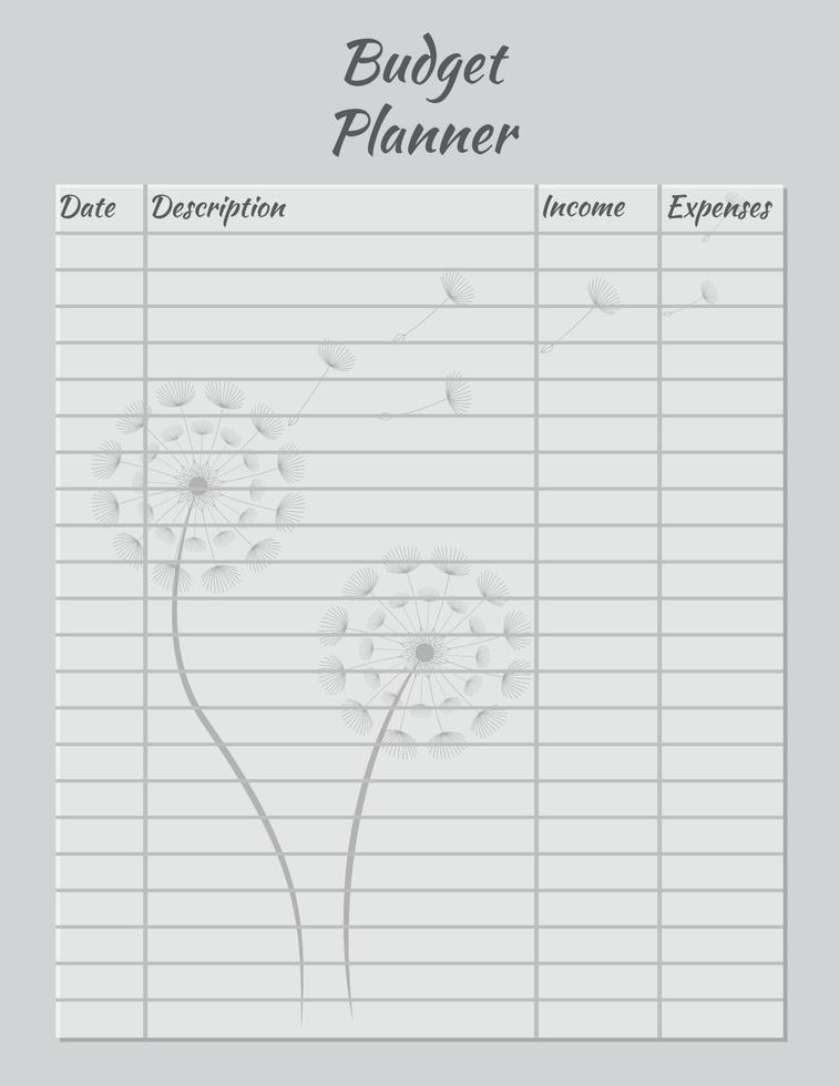 modelo de design de página de planejador de orçamento. design de página de caderno de impressão de dente-de-leão. ilustração vetorial vetor