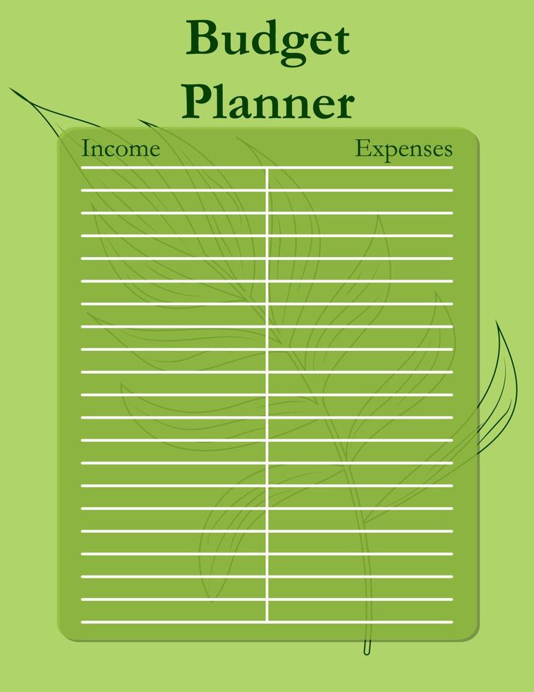 design de página de modelo de planejador de orçamento com folhas tropicais, receitas e despesas. ilustração vetorial vetor