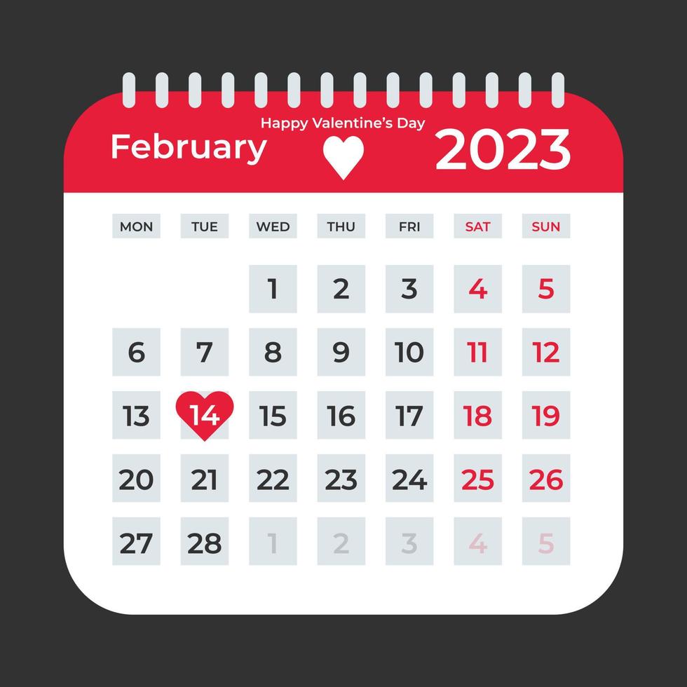 design de calendário de dia dos namorados em forma de coração vermelho em 14 de fevereiro de 2023 vetor