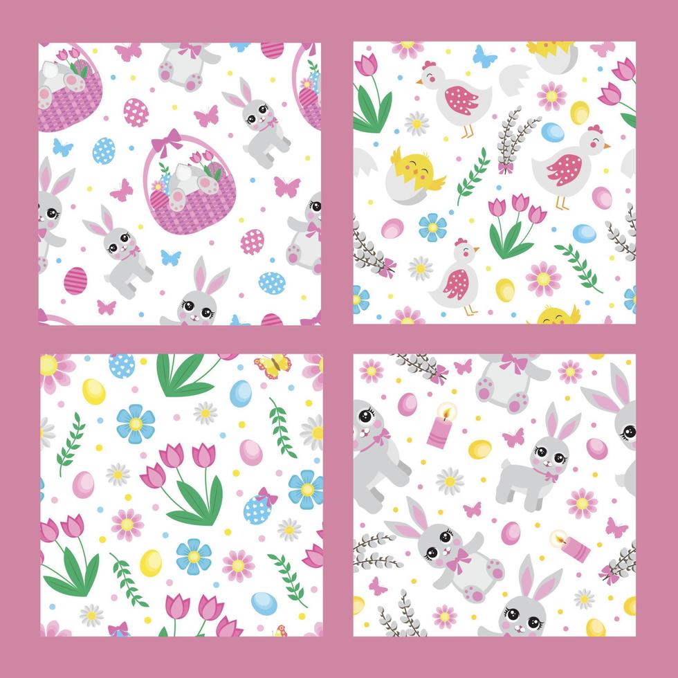 lindo conjunto de padrões perfeitos de páscoa com personagens de desenhos animados engraçados e elementos florais vetor