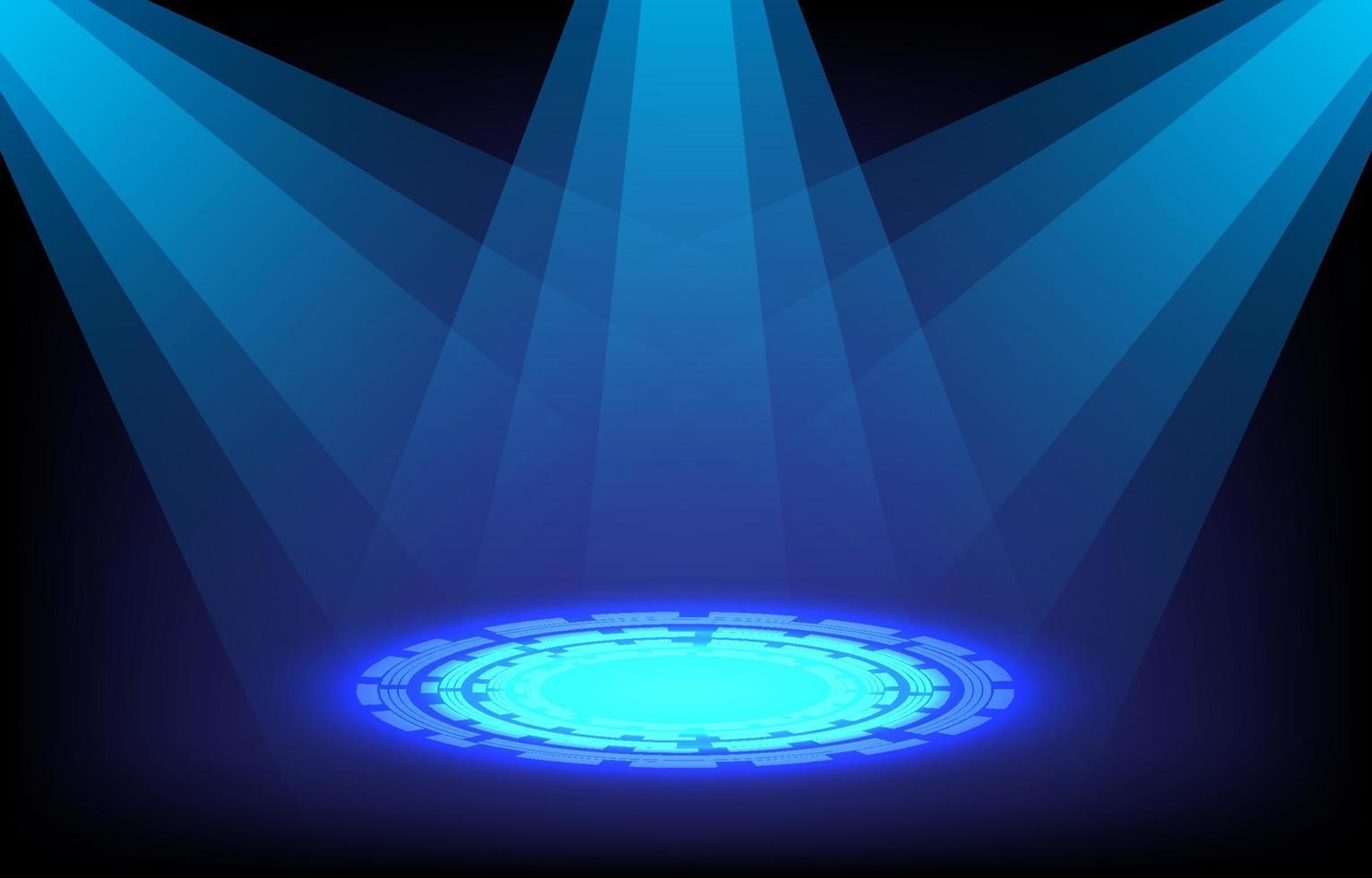 palco neon azul com holofotes. ilustração vetorial. luz do palco, pódio, portão de dobra no conceito de tecnologia futurista. pódio de círculo futurista para exibição de gadget brilha no fundo escuro. vetor
