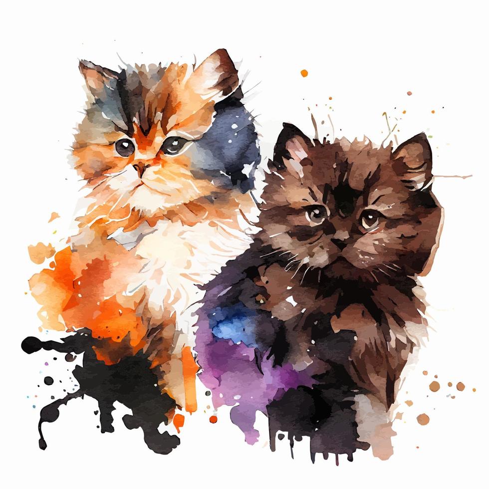 dois gatos adoráveis fofos em aquarela vetor