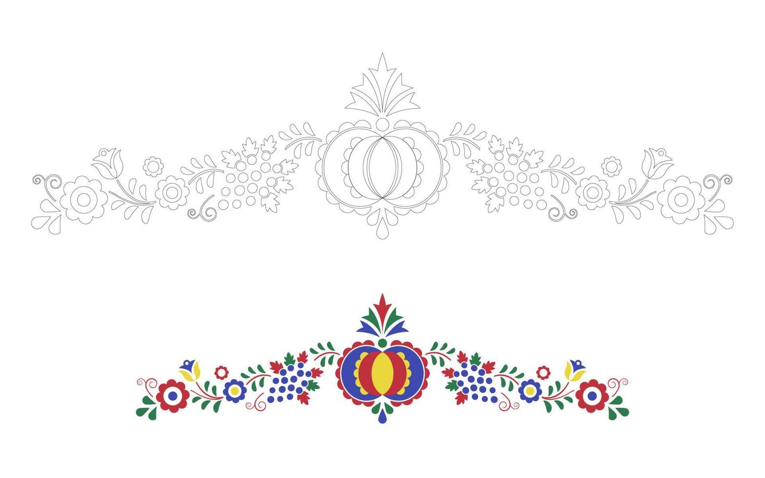 ornamento folclórico tradicional. padrão checo bordado floral. páginas para colorir com um modelo de cor. símbolo da morávia, eslovaca e húngara. ilustração vetorial vetor