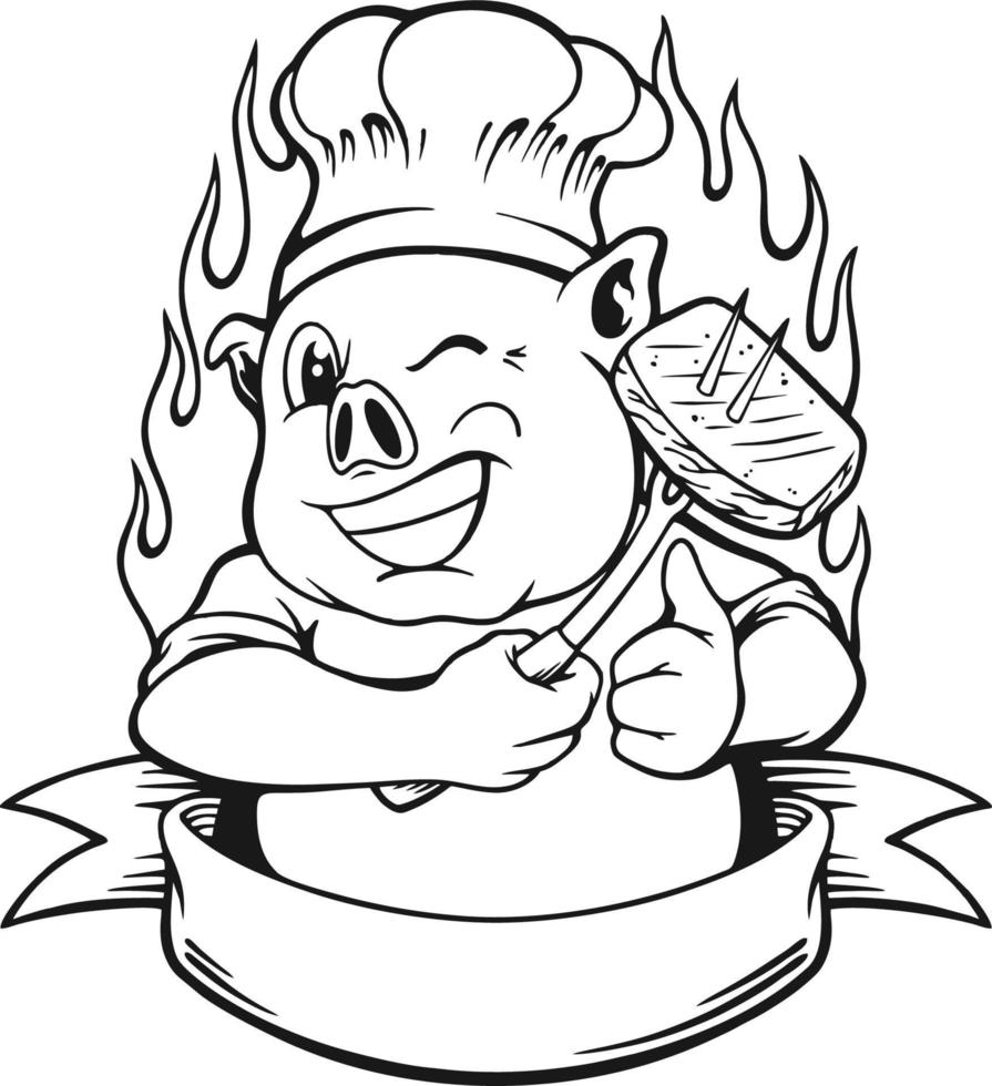 chef de porco engraçado com ilustrações vetoriais monocromáticas de logotipo de banner de fita para seu logotipo de trabalho, camiseta de mercadoria de mascote, adesivos e designs de etiquetas, pôster, cartões de saudação empresa de publicidade vetor