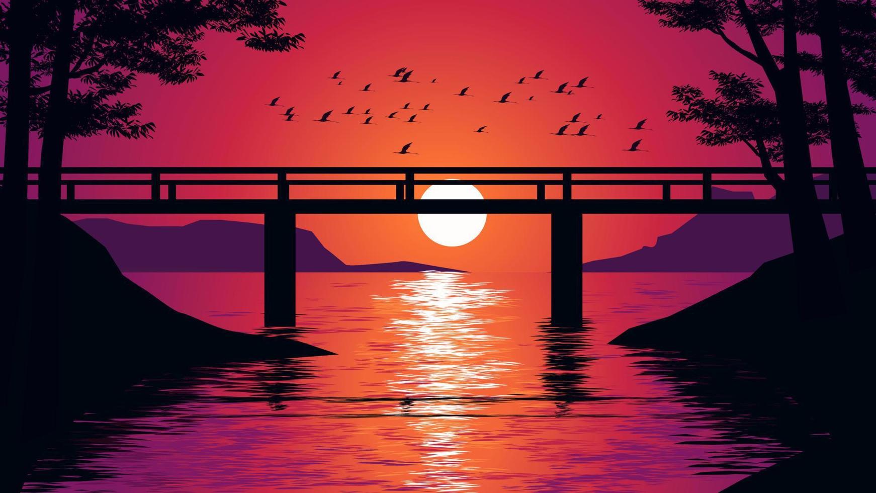 pôr do sol calmante no rio com ponte e pássaros voando vetor