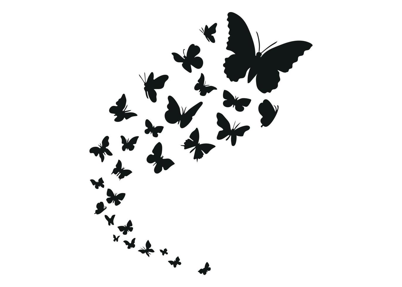 conjunto de borboletas voando no horizonte. ilustração em vetor silhueta negra