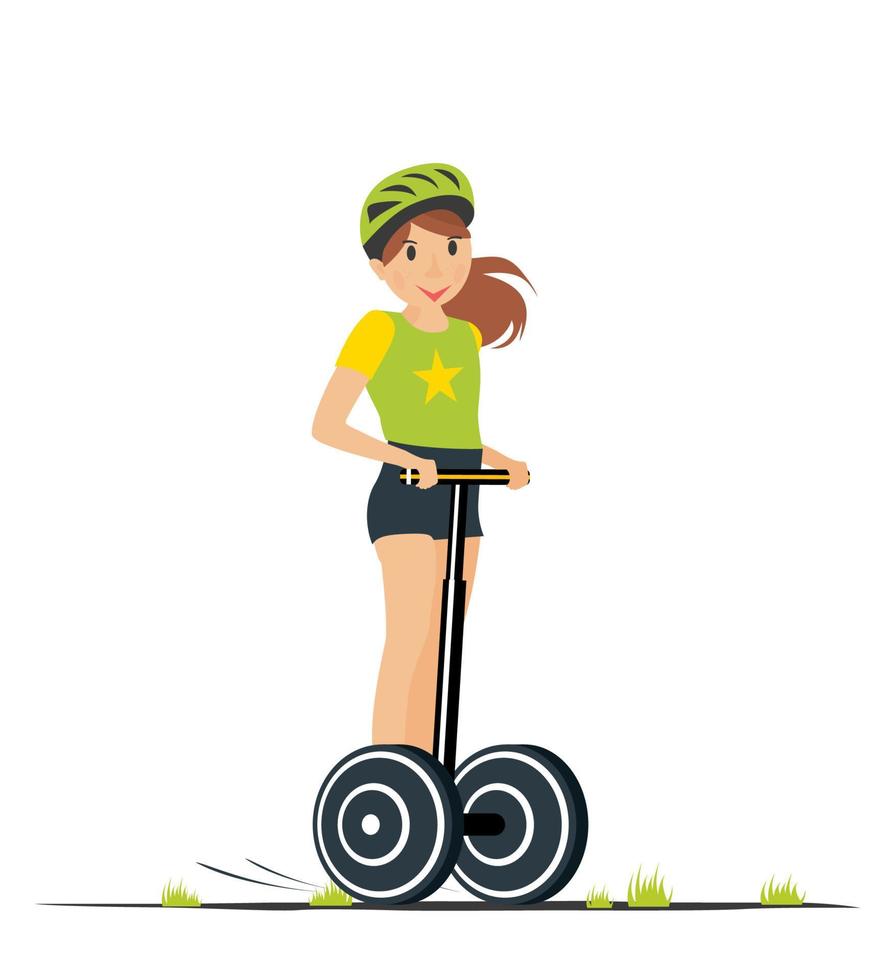 menina dos desenhos animados andando na scooter elétrica. ilustração vetorial. vetor