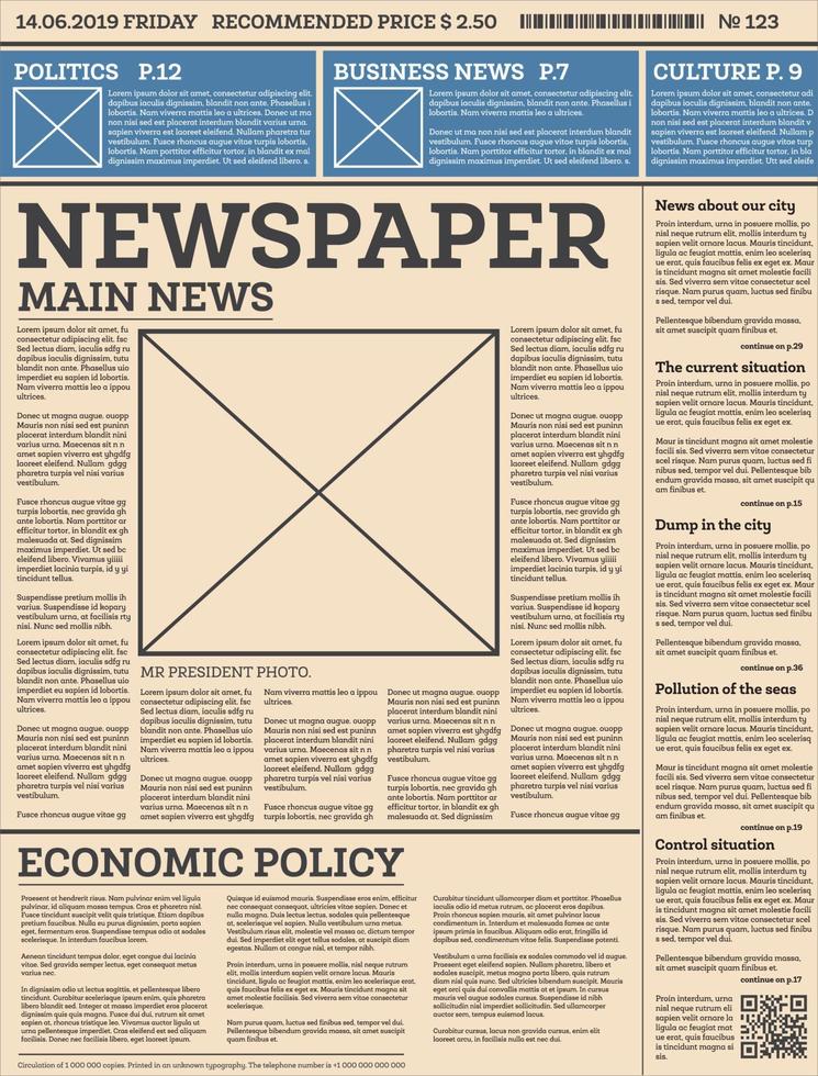 modelo de jornal diário de negócios com uma página. vetor