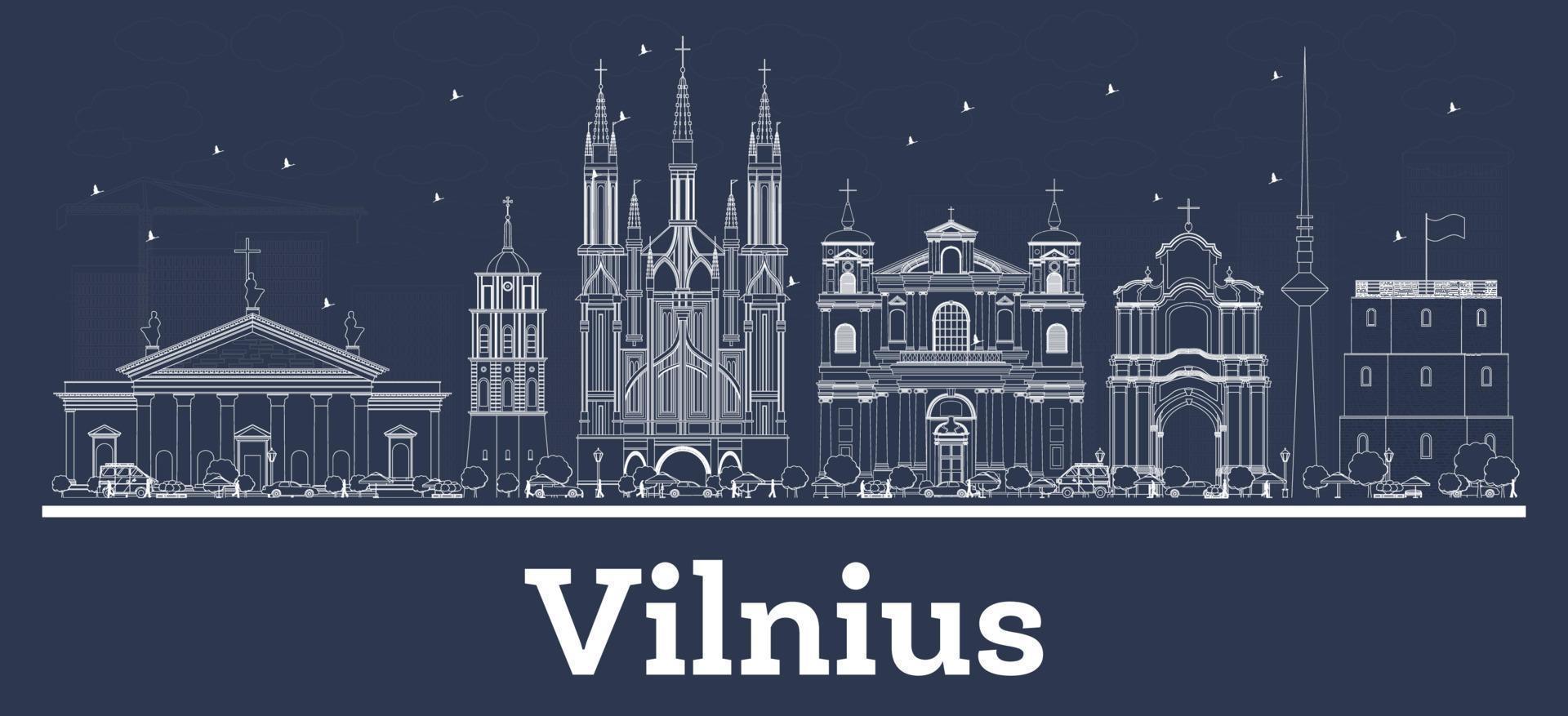 delineie o horizonte da cidade de vilnius lituânia com edifícios brancos. vetor