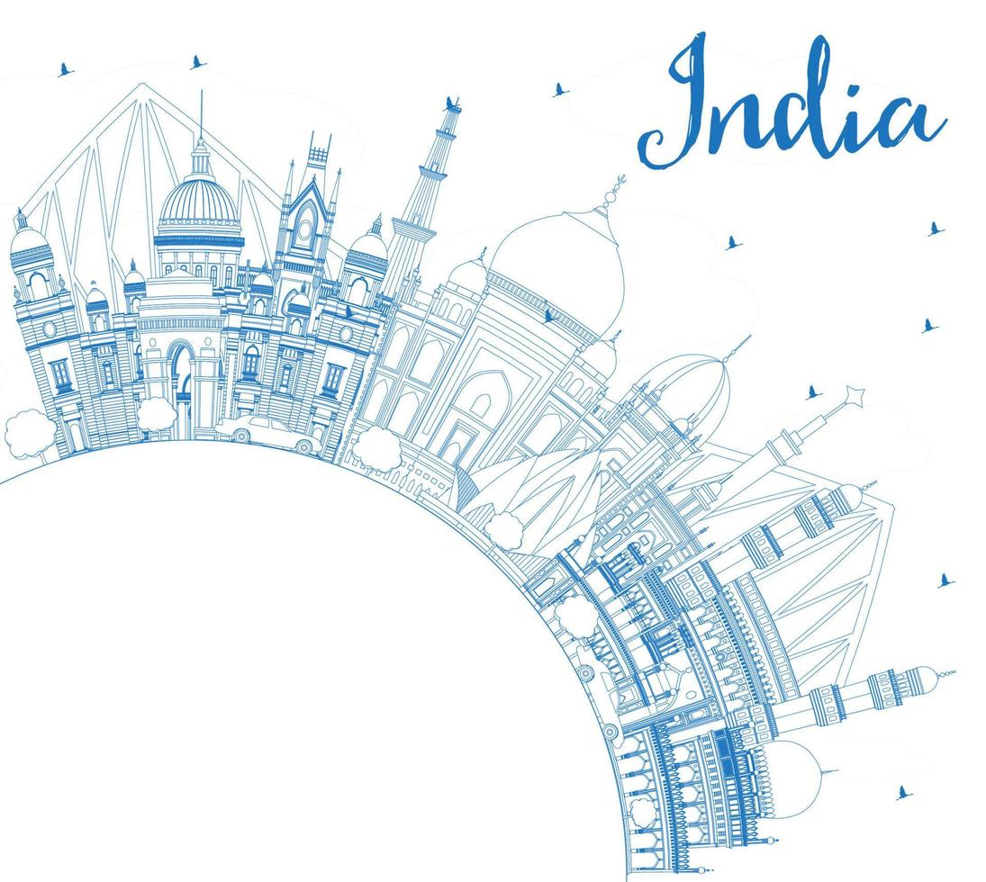 delineie o horizonte da cidade da índia com edifícios azuis e copie o espaço. vetor