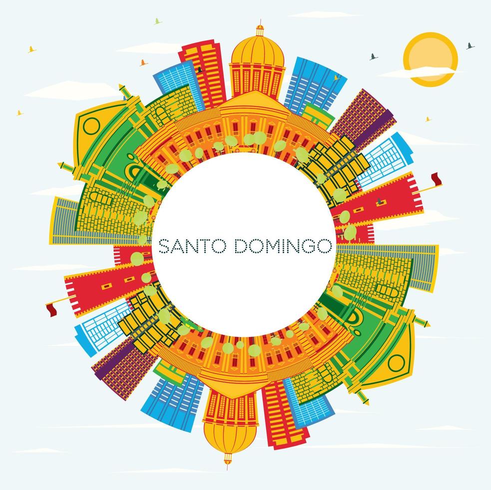 horizonte da república dominicana de santo domingo com edifícios coloridos, céu azul e espaço de cópia. vetor