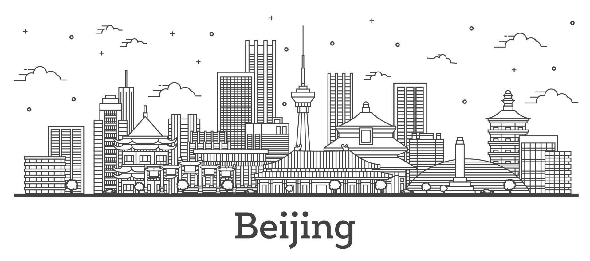 delineie o horizonte da cidade de Pequim na China com edifícios modernos isolados em branco. vetor