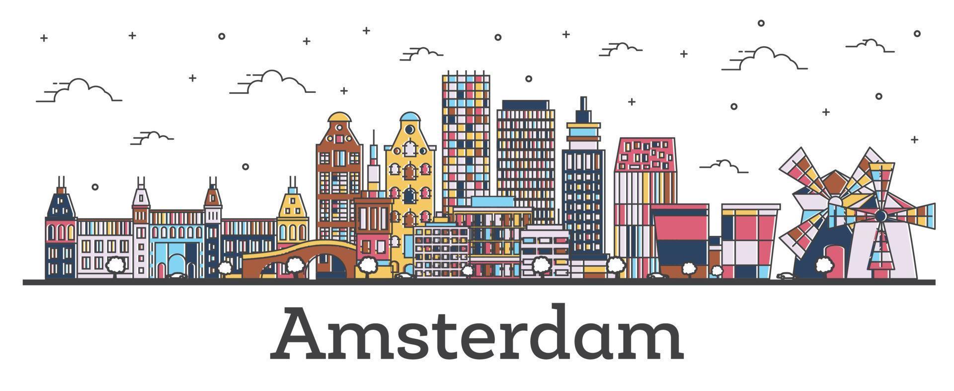 delineie o horizonte da cidade de Amsterdã, Holanda, com edifícios coloridos isolados em branco. vetor
