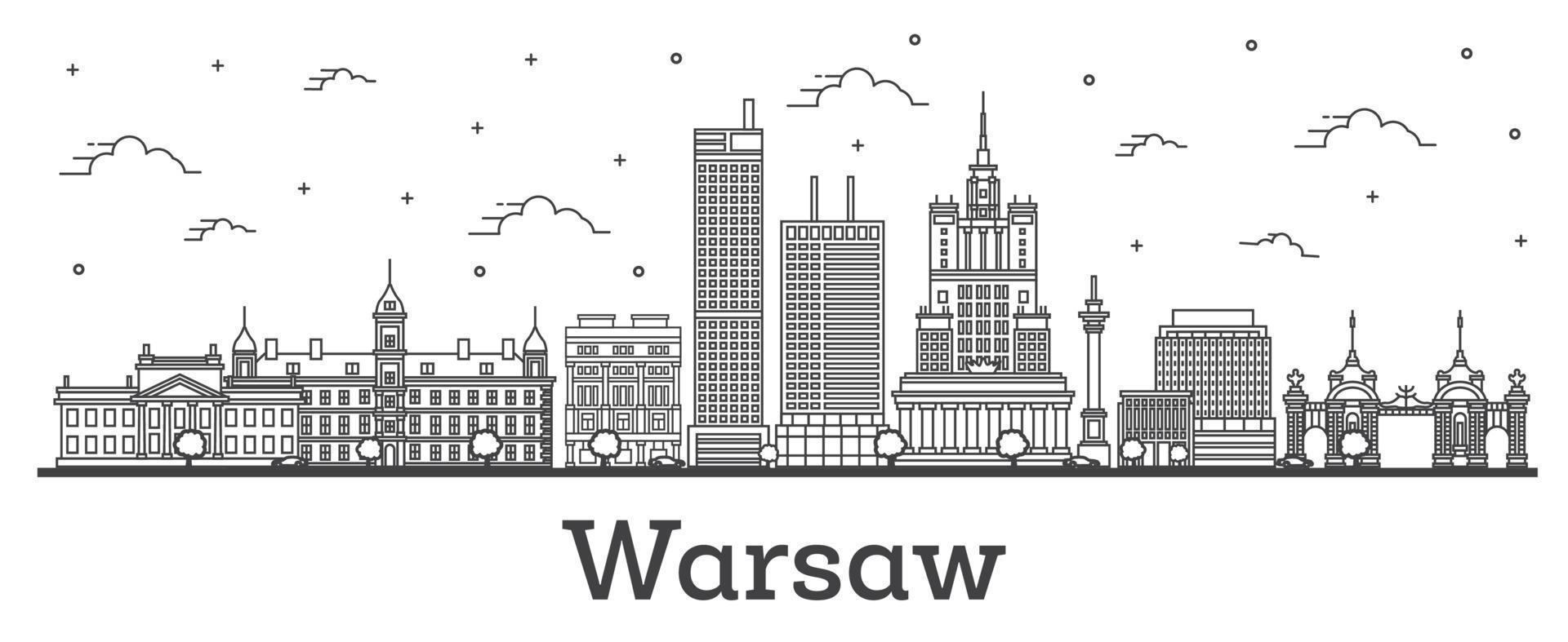 delineie o horizonte da cidade de Varsóvia na Polônia com edifícios modernos isolados em branco. vetor