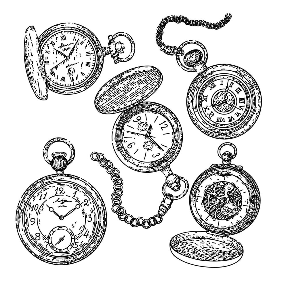 relógio de bolso conjunto antigo esboço desenhado à mão vetor