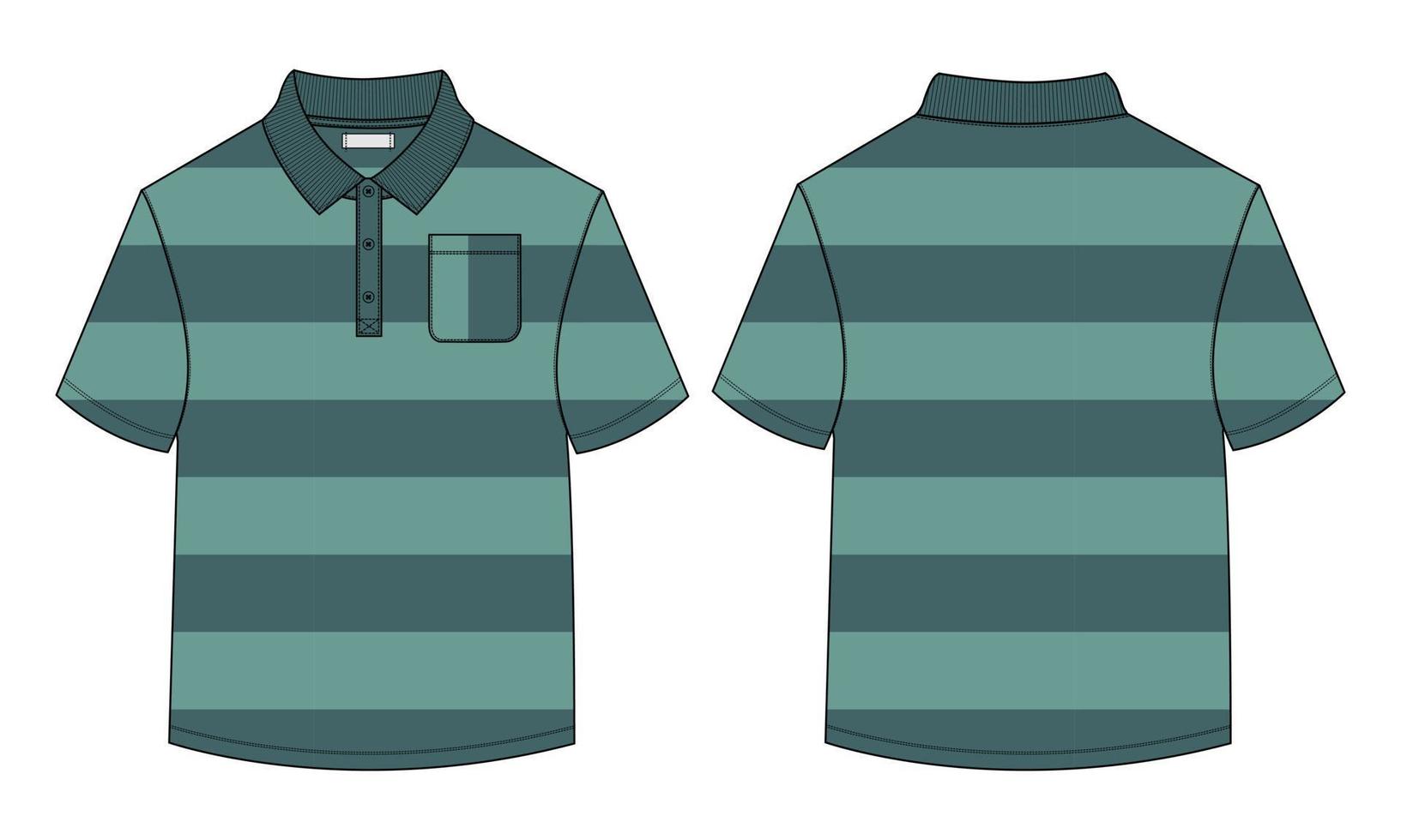 camisa polo de manga curta com toda a linha de tintura listra moda técnica desenho plano modelo de ilustração vetorial frente, vistas traseiras vetor