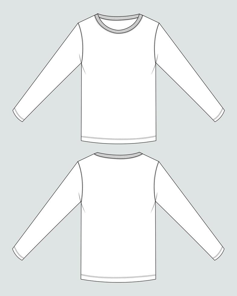 camiseta de manga comprida modelo de desenho plano de desenho técnico de moda frontal e vista traseira. vetor