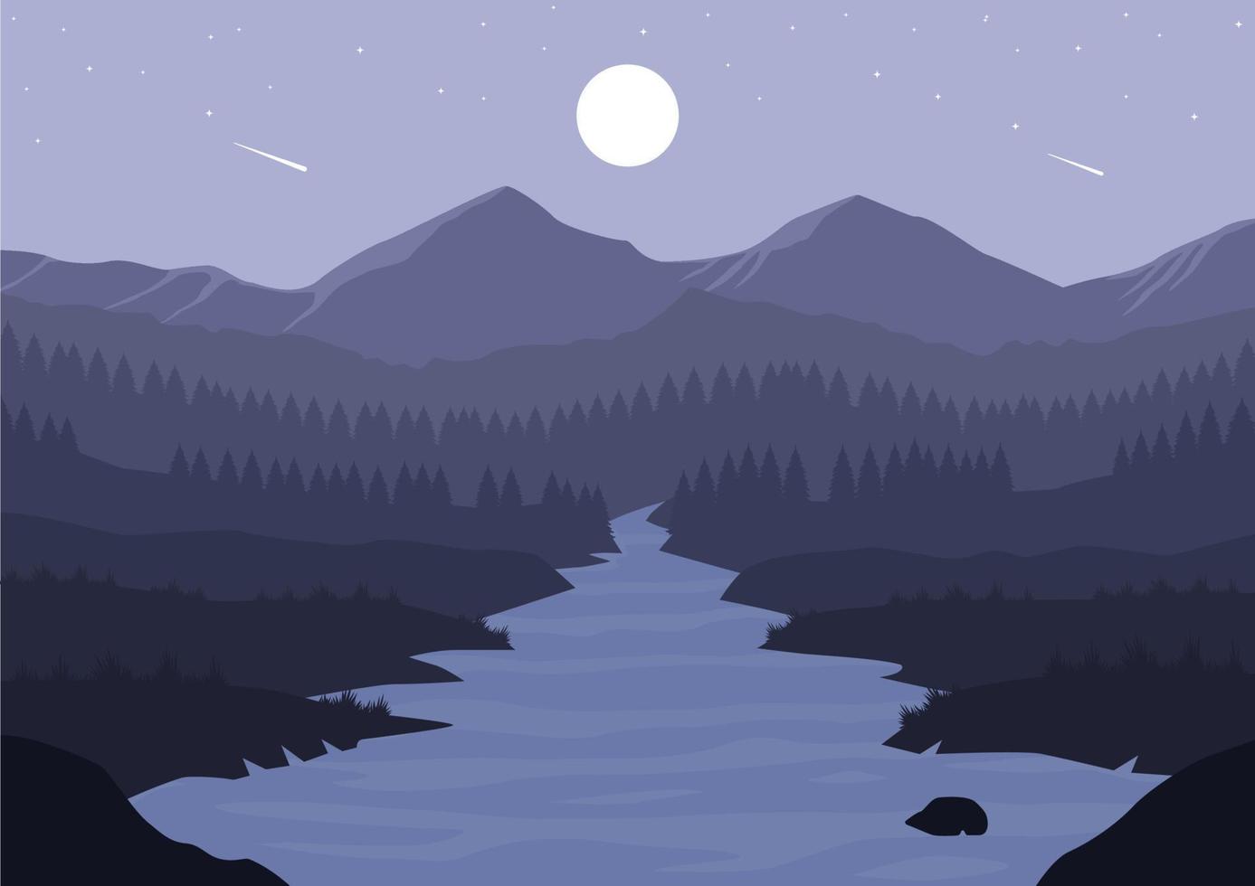 ilustração em vetor natureza paisagem. silhuetas de montanhas, rios e florestas de pinheiros à noite