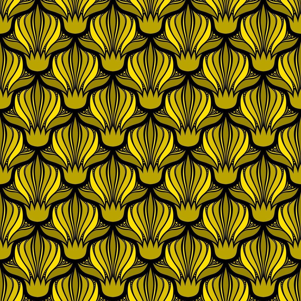 fundo preto sem costura art nouveau vector com flores amarelas