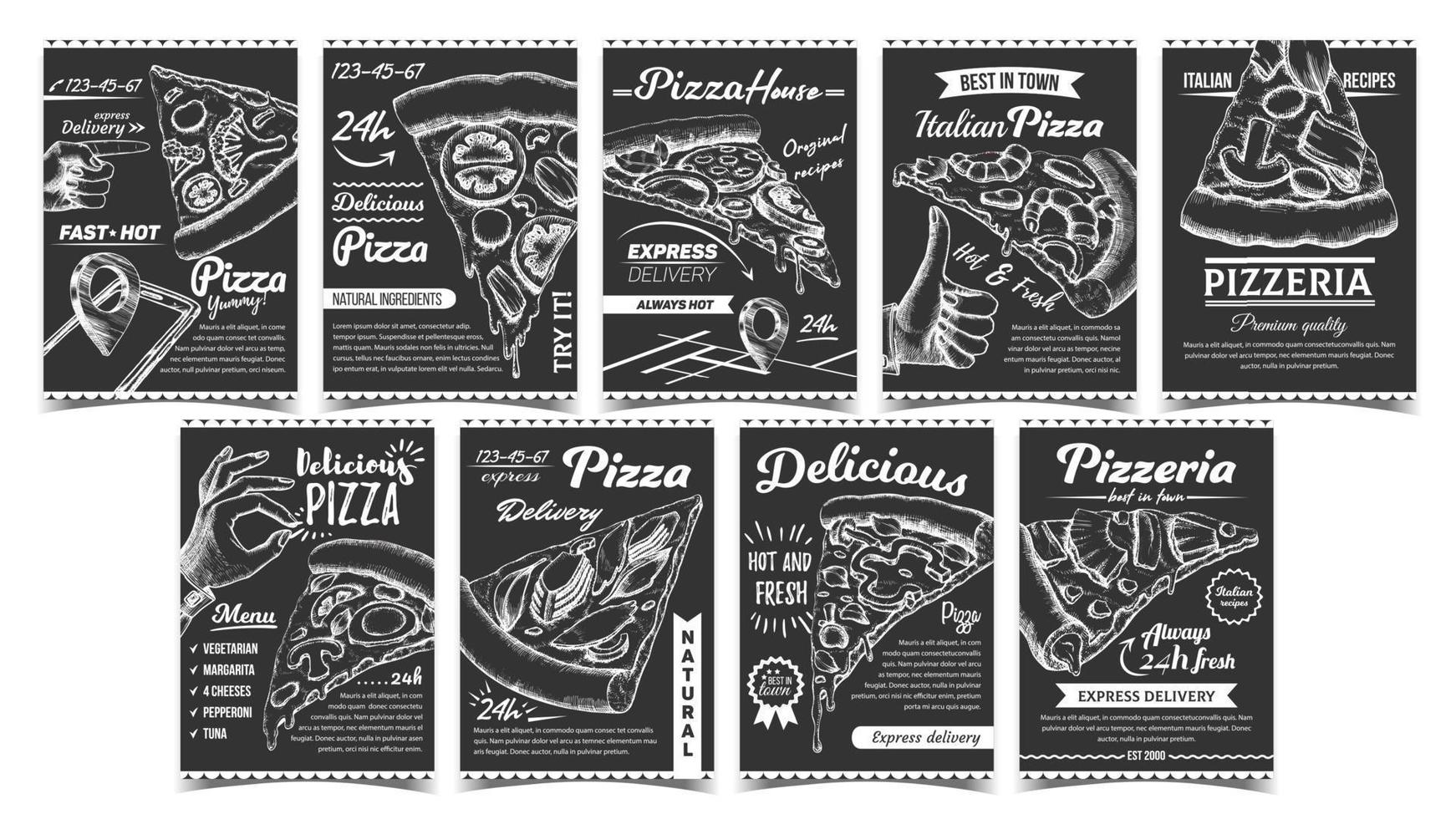 vetor de conjunto de pôsteres diferentes de coleção de pizzaria