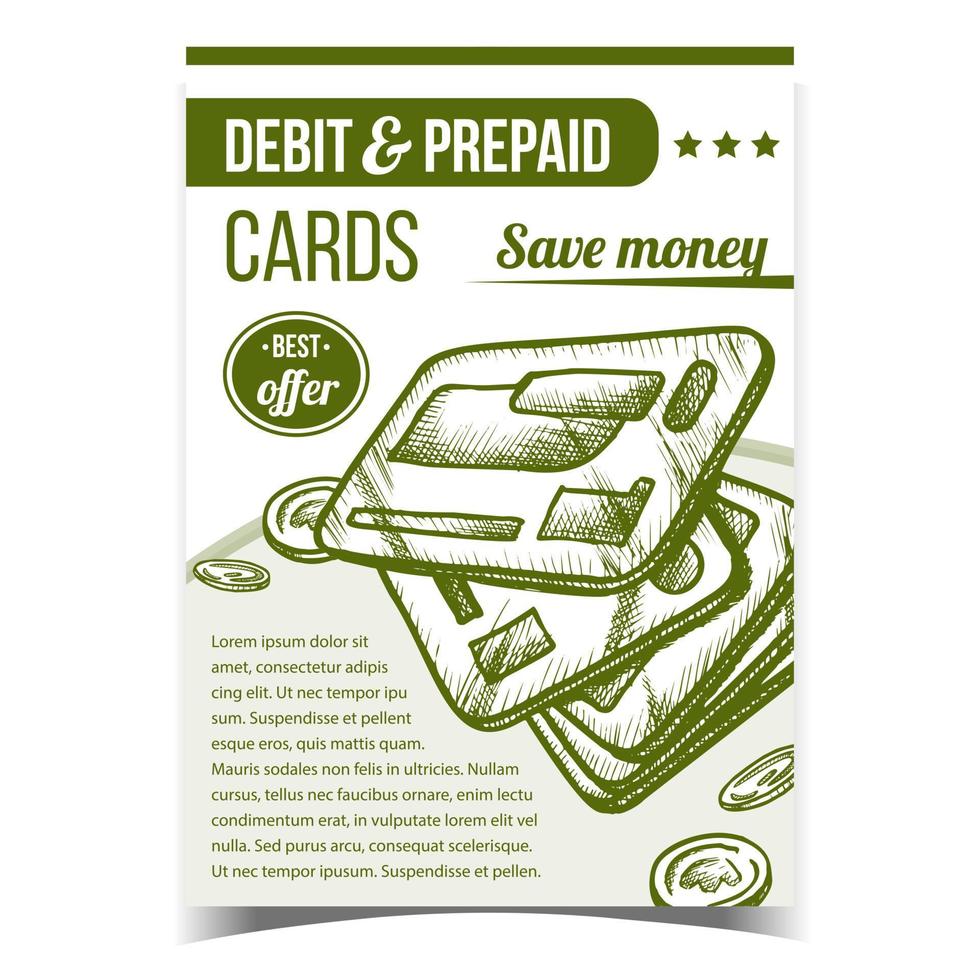 vetor de cartaz de publicidade de cartões de débito e pré-pagos