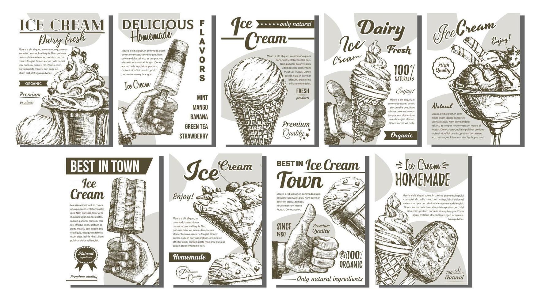vetor de cartazes de conjunto de sorvete congelado sortido