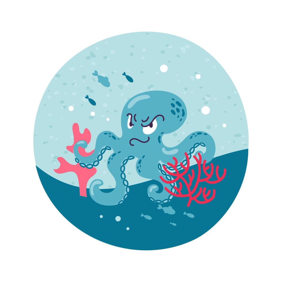 personagem de desenho animado com raiva polvo azul nadando no mar perto de um recife de coral sorrindo sorrindo. peixes e algas, habitantes do mar e oceano. para adesivos, cartazes, cartões postais, elementos de design. vetor