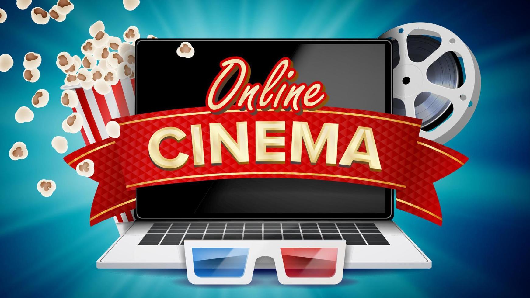 vetor de pôster de cinema online. conceito moderno de laptop. cinema online em casa. pacote cheio de pipoca saltitante. banner de luxo, ilustração de pôster.