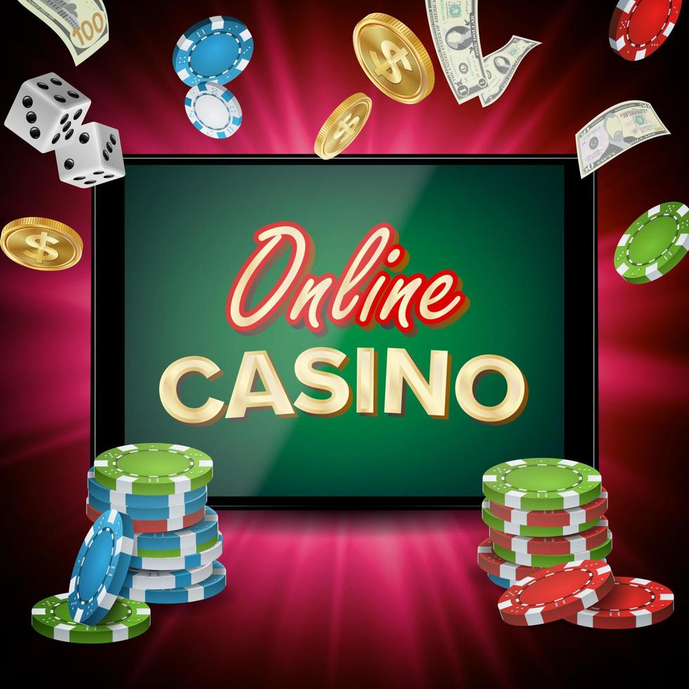 vetor de banner de cassino online. tablet realista. moedas de dólar voando, explosão de notas. conceito de vencedor. outdoor de jackpot, ilustração de luxo de marketing.