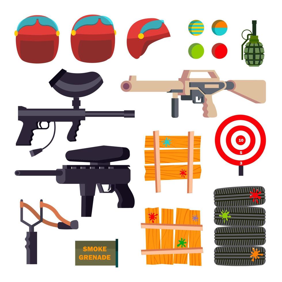 vetor de conjunto de ícones de paintball. acessórios para jogos de paintball. arma, pistola, capacete, granada, proteção, pintura. ilustração plana isolada dos desenhos animados