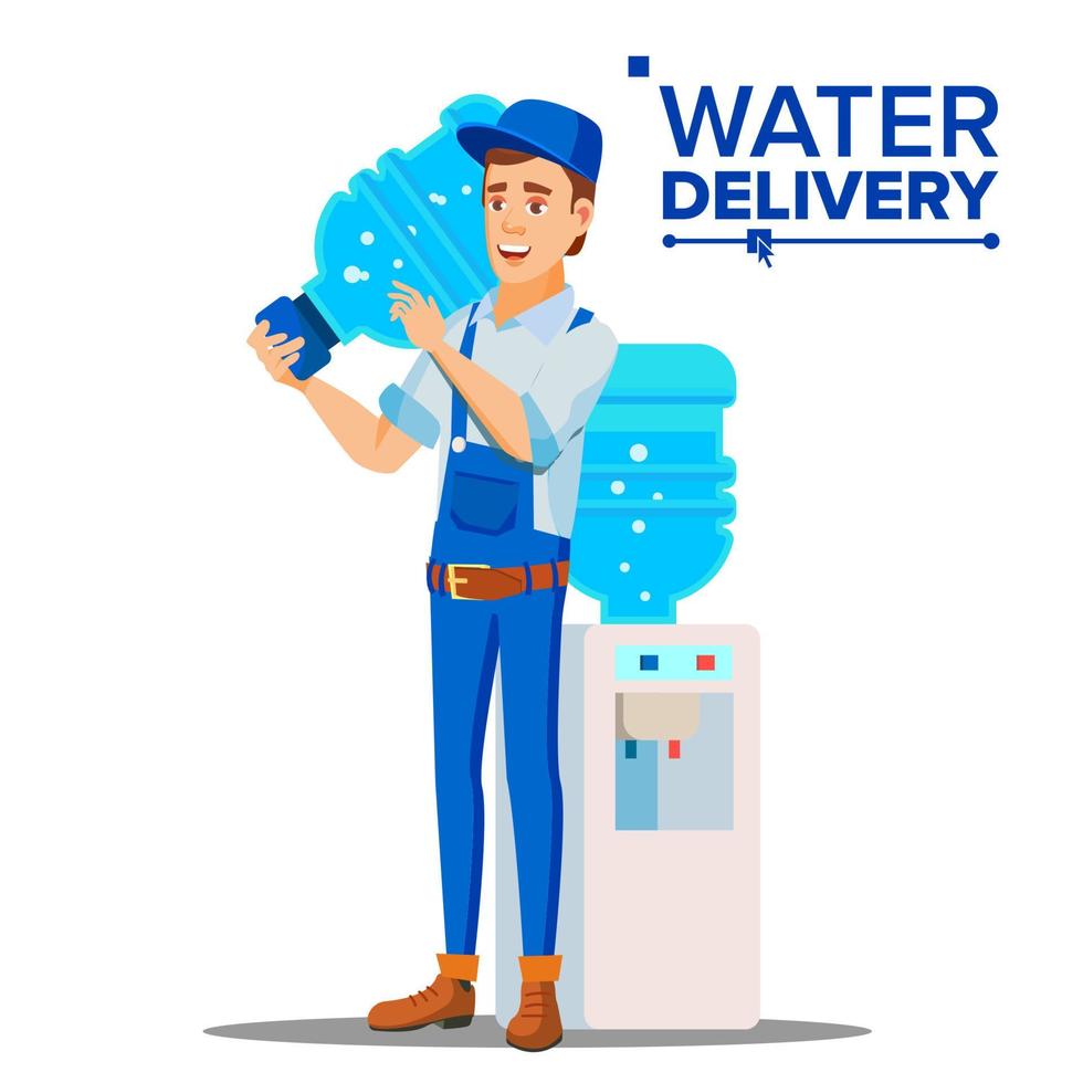 vetor de homem de serviço de entrega de água. entregando garrafa de água limpa para saúde em casa, escritório. ilustração plana isolada dos desenhos animados