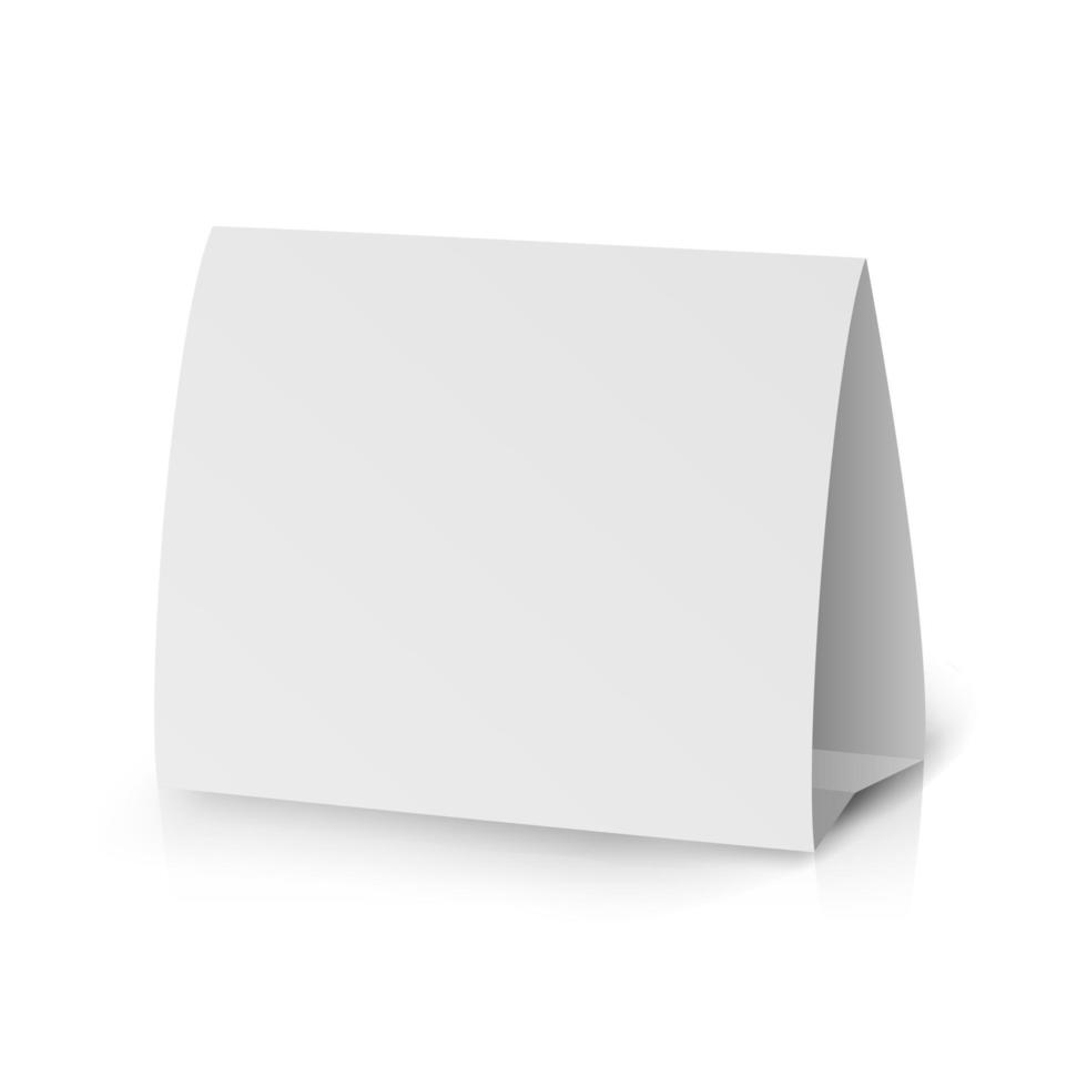 vetor de panfleto de etiqueta de mesa de suporte de papel branco. cartão de mesa de papel branco vazio em branco 3d moderno