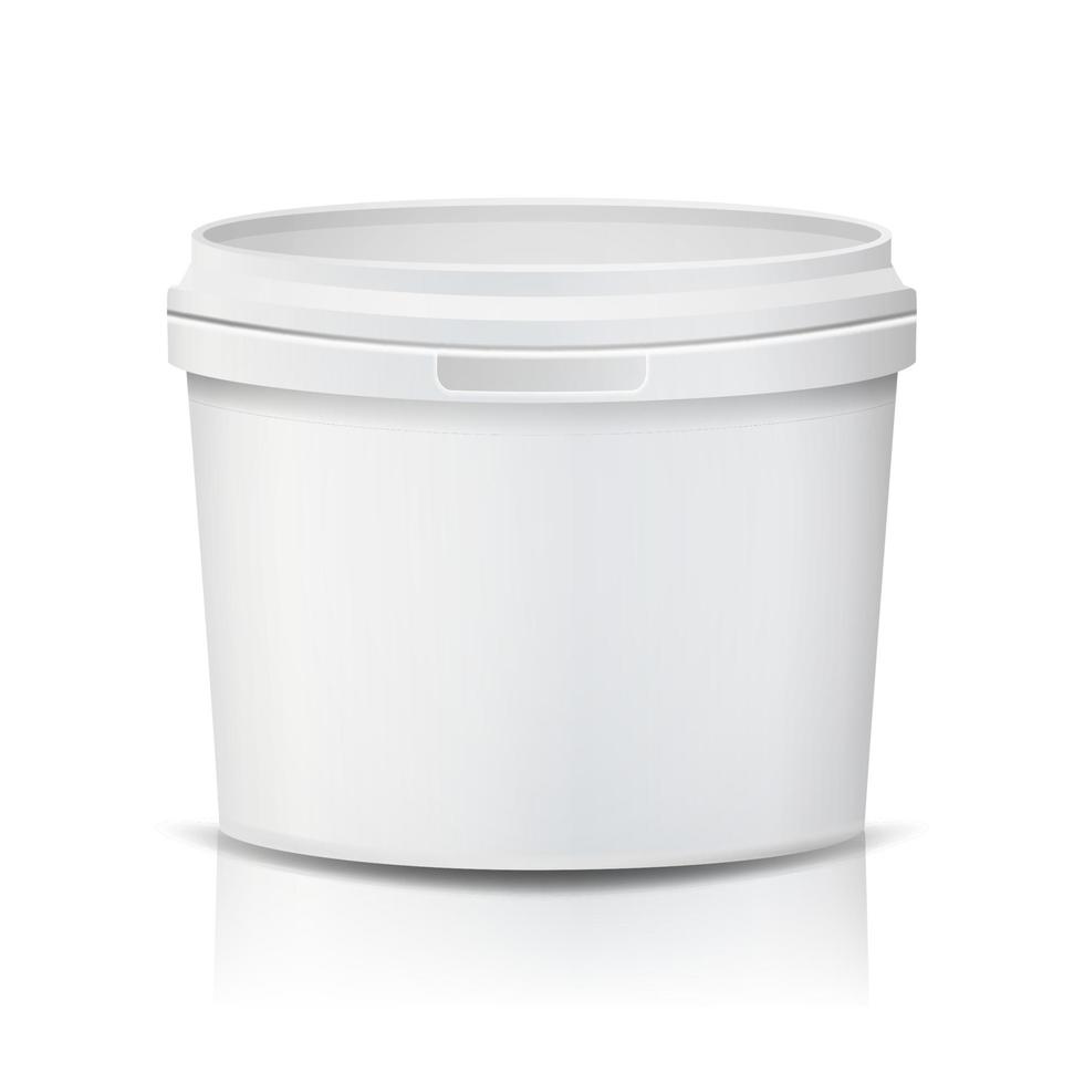 vetor de balde de plástico. realista. vazio limpo. balde de plástico branco para sobremesa, iogurte, sorvete, riacho azedo. isolado na ilustração de fundo branco