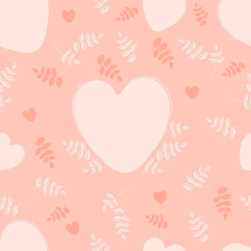 padrão sem emenda romântico com corações e folhas de plantas em fundo rosa. ilustração vetorial. fundo de amor sem fim para dia dos namorados, papéis de parede, embalagens, impressão. vetor