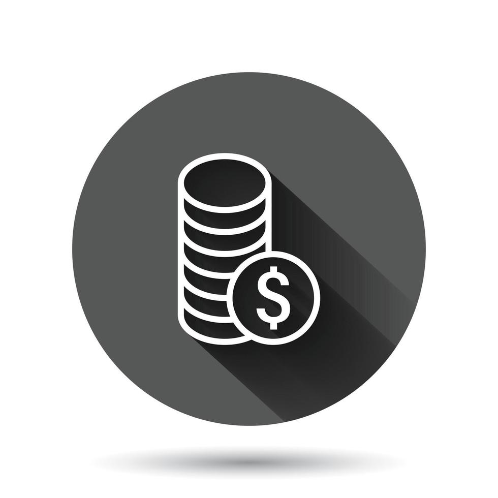 ícone de pilha de moedas em estilo simples. ilustração em vetor moeda de dólar em fundo redondo preto com efeito de sombra longa. conceito de negócio de botão de círculo empilhado de dinheiro.