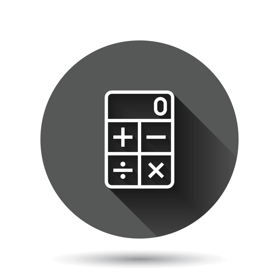 ícone de calculadora em estilo simples. calcule a ilustração vetorial no fundo redondo preto com efeito de sombra longo. conceito de negócio de botão de círculo de cálculo. vetor