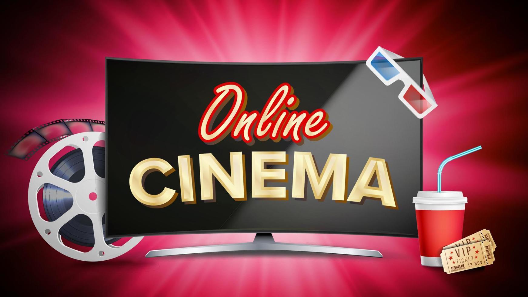 vetor de cartaz de cinema online. conceito de monitor de computador moderno. tira de filme, carretel, badalo de filme, ingresso vintage, pipoca. ilustração de luxo de marketing.