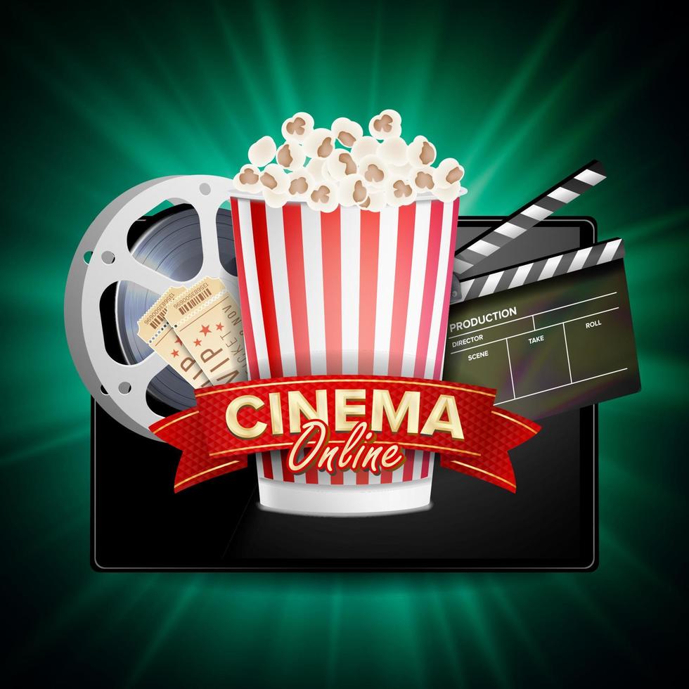 vetor de cinema online. bandeira com tablet. modelo de design de conceito de cinema. outdoor de cinema, sinalização, ilustração de cartaz de luxo de marketing.