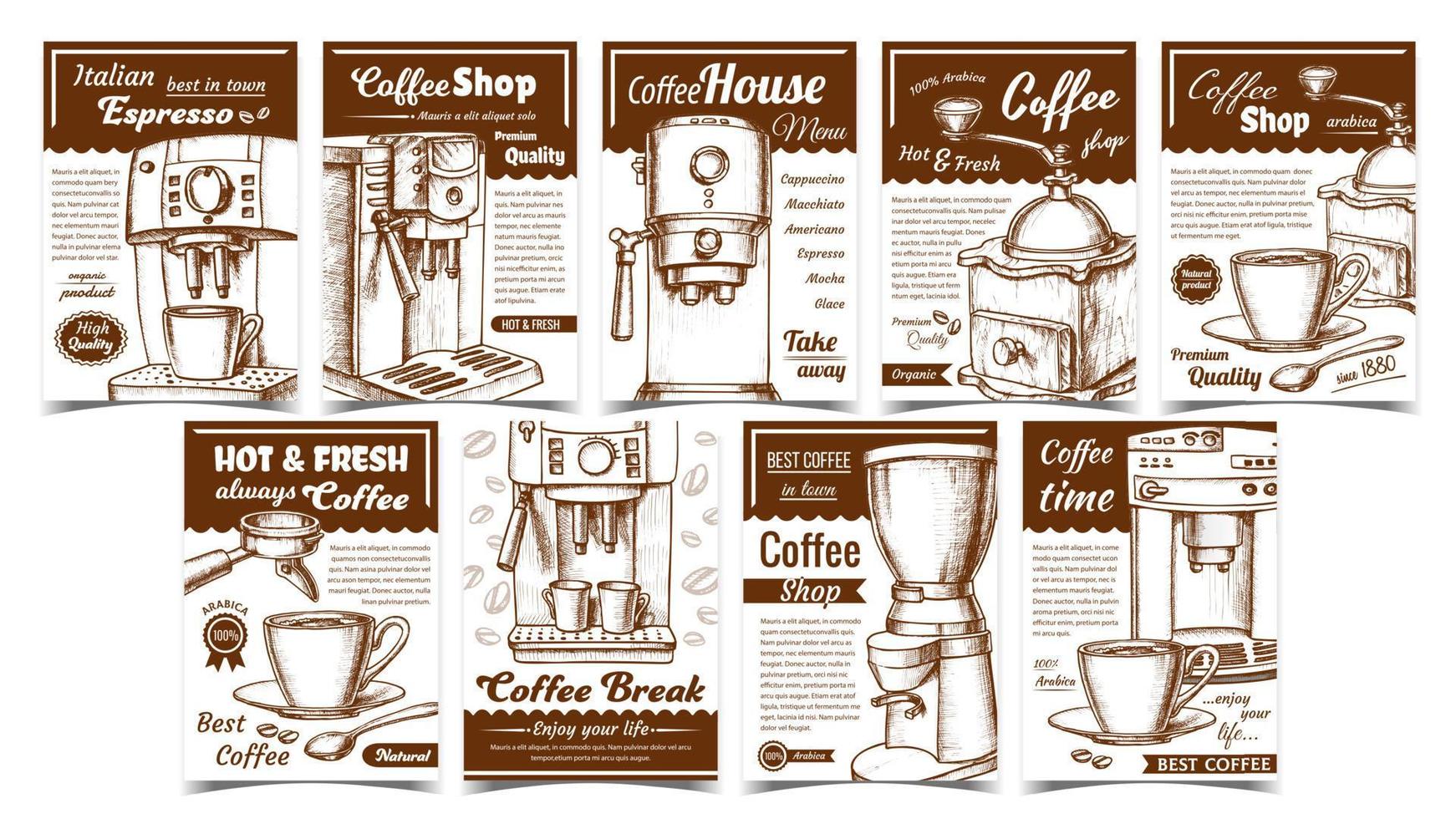 máquina de café, suporte e conjunto de cartazes de xícara vetor