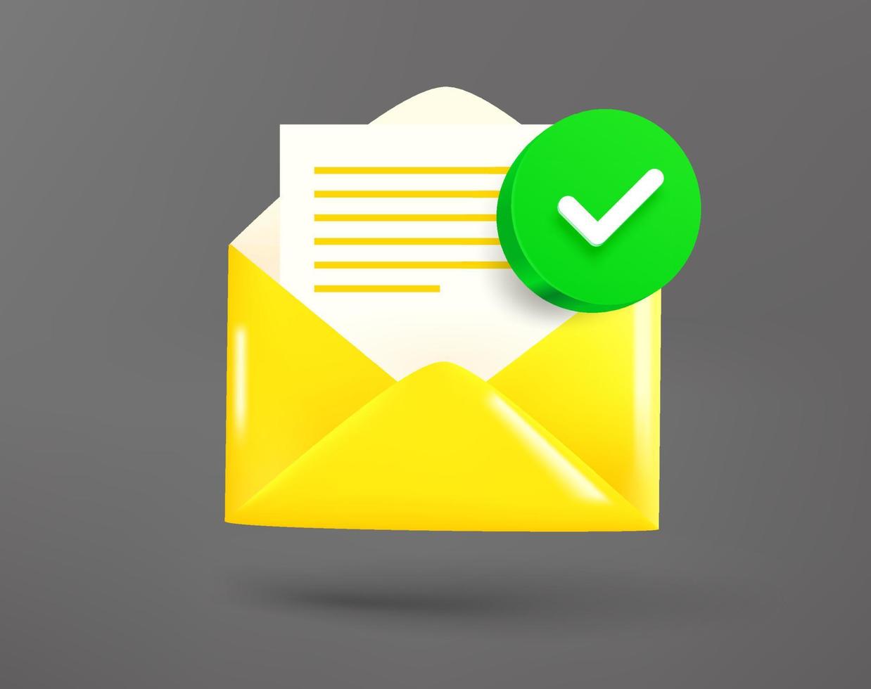 envelope amarelo com folha de papel com marca de seleção verde. ícone de vetor 3D