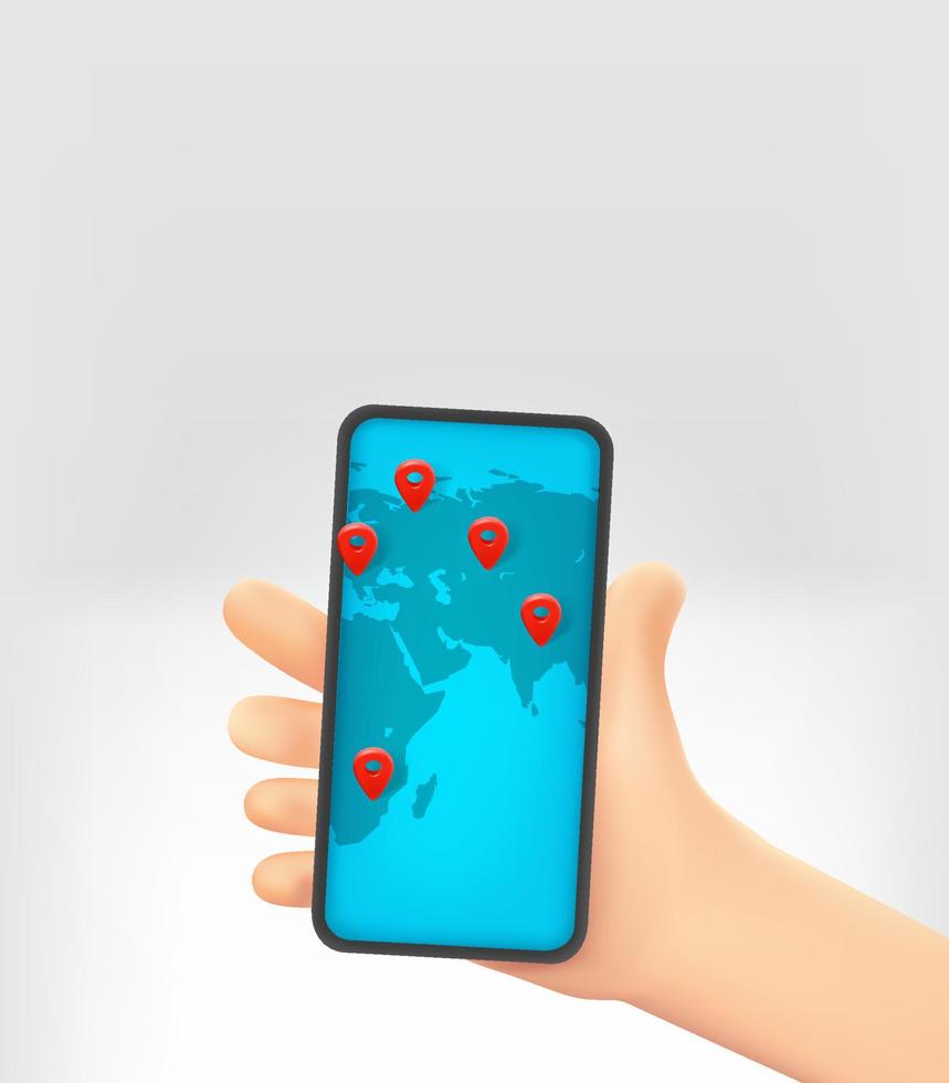 mão dos desenhos animados segurando smartphone moderno com aplicativo de navegação. conceito de viagens pelo mundo. ilustração vetorial 3d com espaço de cópia vetor