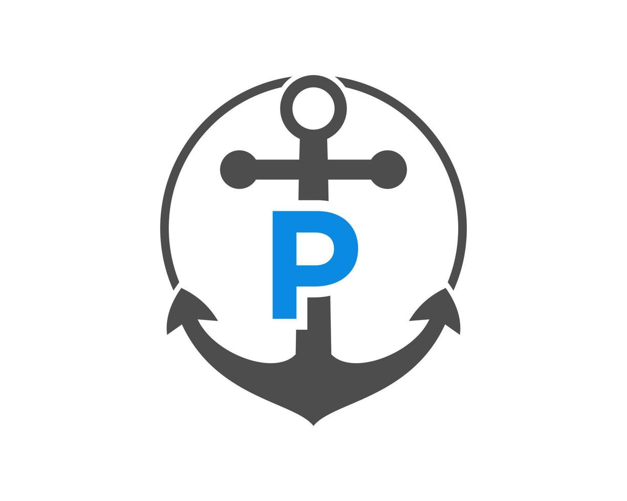 logotipo da âncora da letra inicial p. fuzileiro naval, logotipo do barco à vela vetor