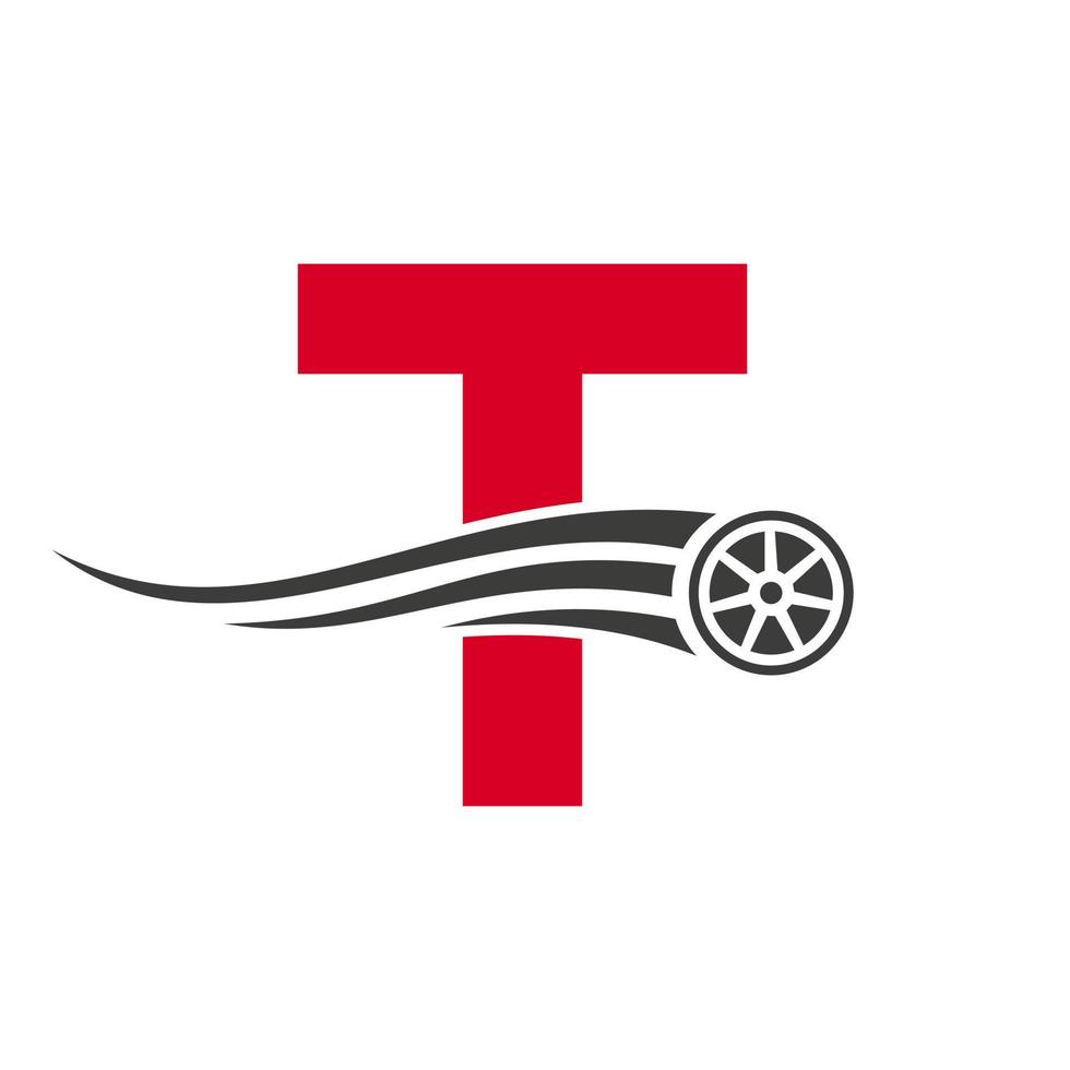 conceito de design de logotipo de reparo de carro automotivo letra t de carro esportivo com modelo de vetor de ícone de pneu de transporte