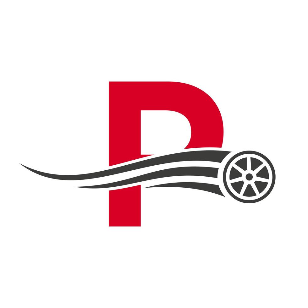 carro esporte letra p conceito de design de logotipo de reparo de carro automotivo com modelo de vetor de ícone de pneu de transporte