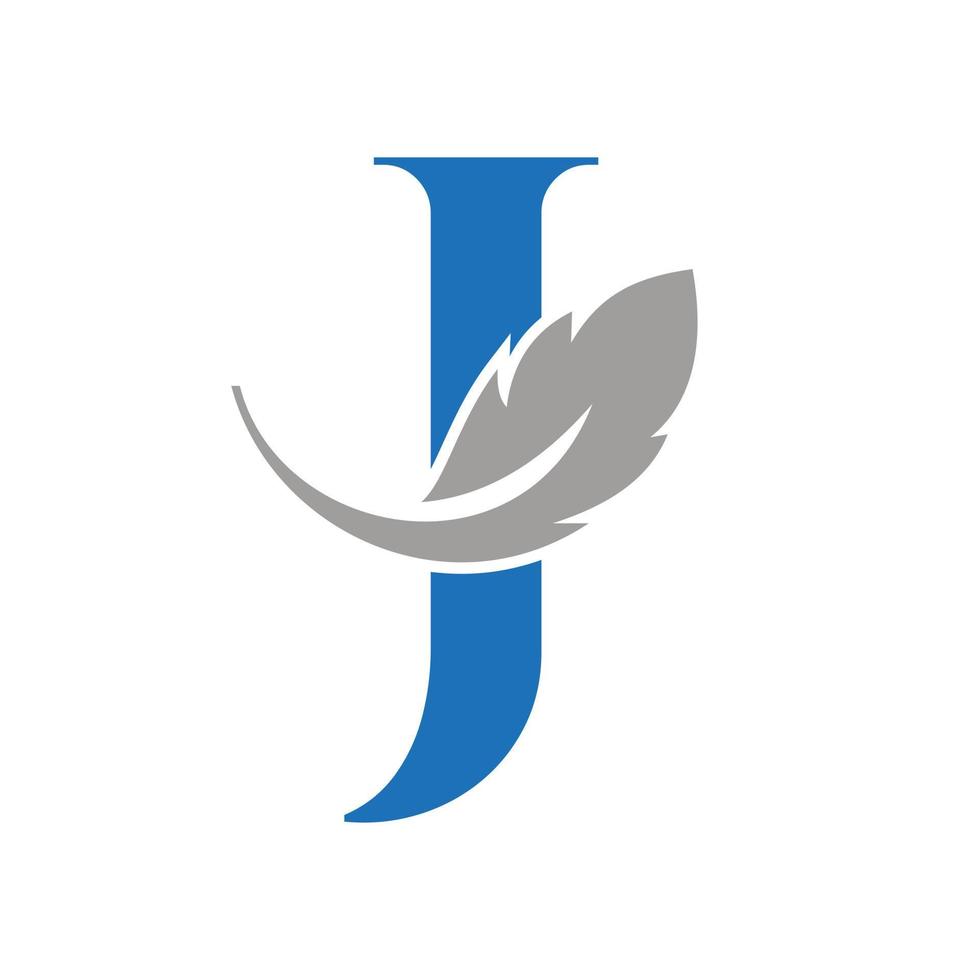 design de logotipo de pena de letra j combinado com vinho de pena de pássaro para advogado, símbolo de lei vetor