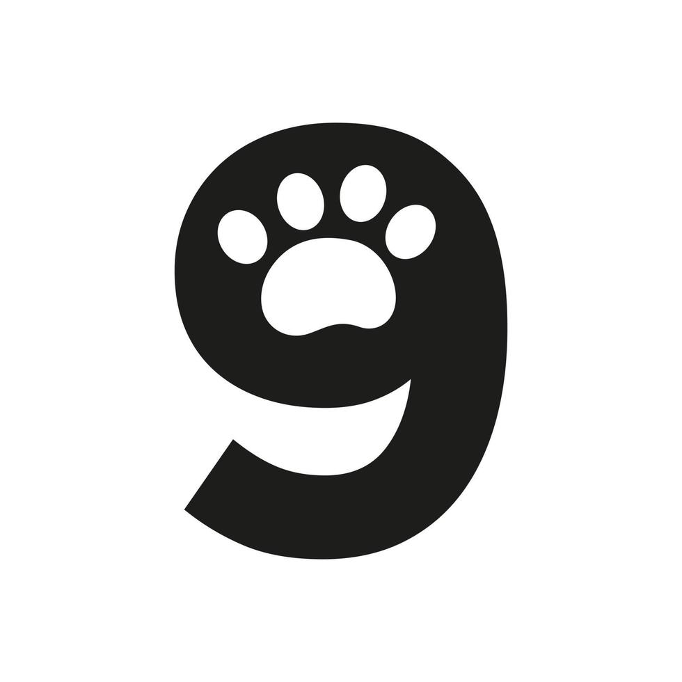 letra 9 logotipo de cuidados com animais de estimação, sinal de vetor de design de logotipo de cachorro e modelo de símbolo