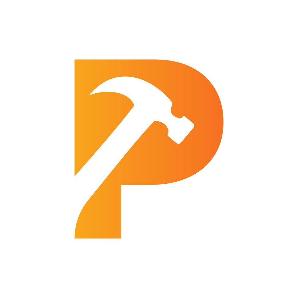 conceito de logotipo de martelo de letra p para construção, modelo de vetor de símbolo de reparo de empresa de carpintaria