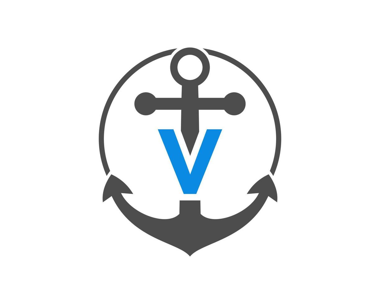 letra inicial v logotipo da âncora. fuzileiro naval, logotipo do barco à vela vetor