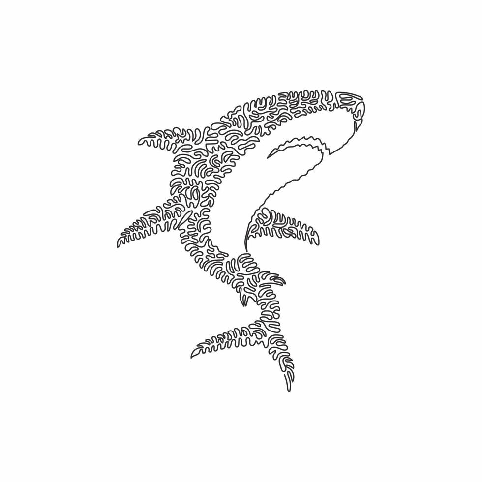único desenho de linha encaracolado da arte abstrata do predador marinho. desenho de linha contínua ilustração vetorial de design gráfico de tubarão perigoso para ícone, símbolo, logotipo da empresa e decoração de parede de pôster vetor