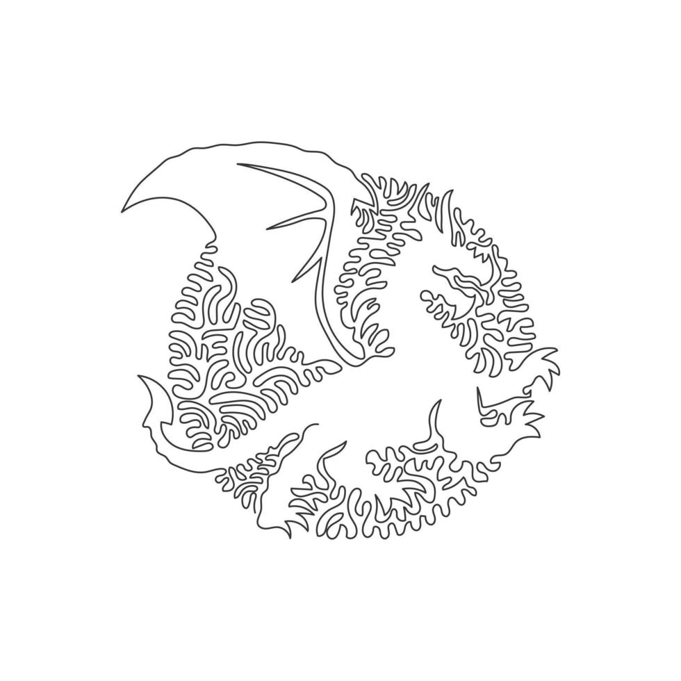 desenho contínuo de uma curva de enormes asas de dragão, arte abstrata em círculo. ilustração vetorial de traço editável de linha única de dragão temível para logotipo, decoração de parede e decoração de impressão de pôster vetor